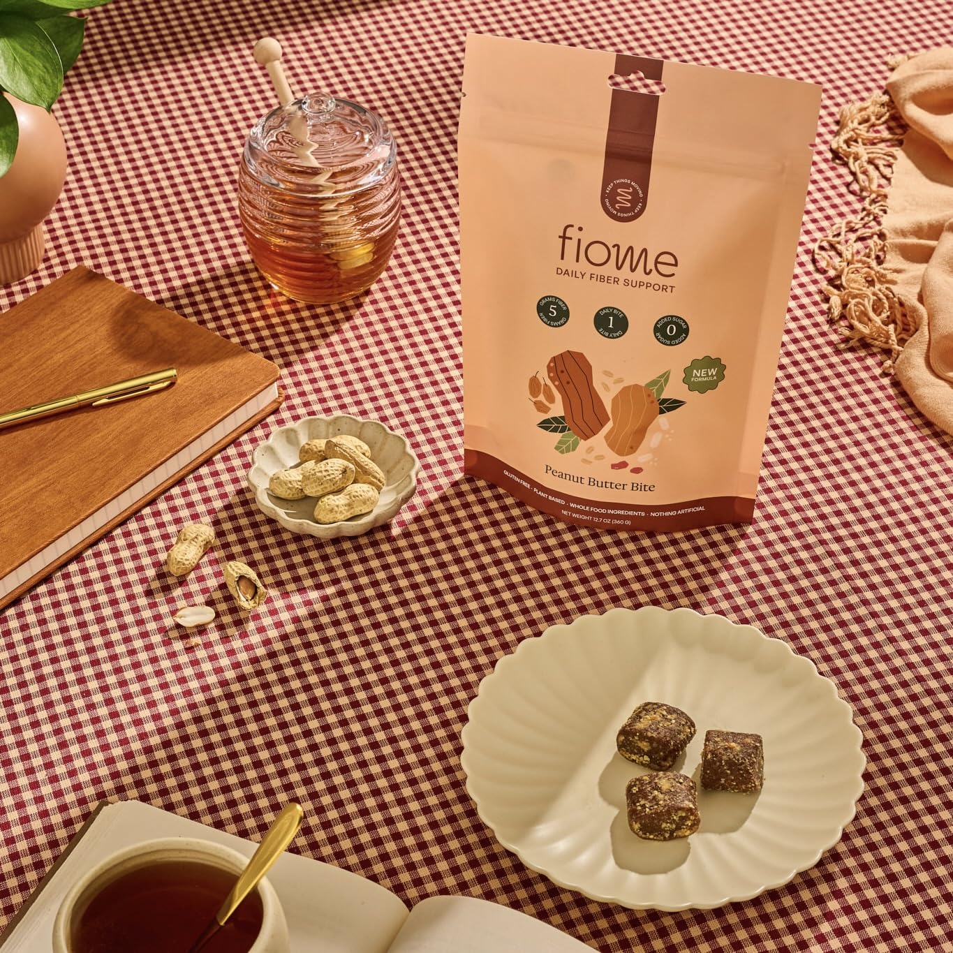 Fiome Fiber Bites closeup texture highlighting 5g fiber per bite for digestion-friendly routine.