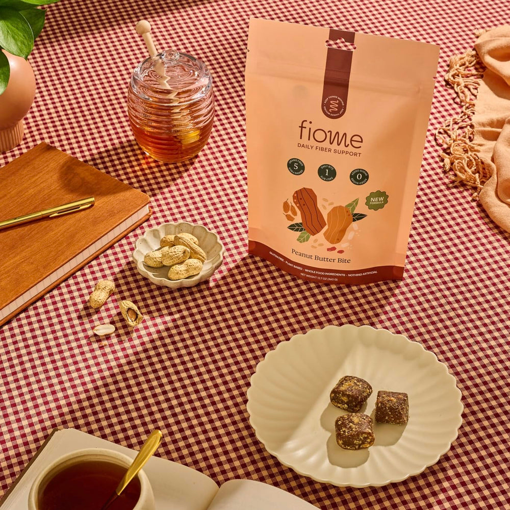 Fiome Fiber Bites closeup texture highlighting 5g fiber per bite for digestion-friendly routine.