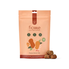 Fiome Fiber Bites jar front with peanut butter flavor and 5g fiber per bite for daily support.