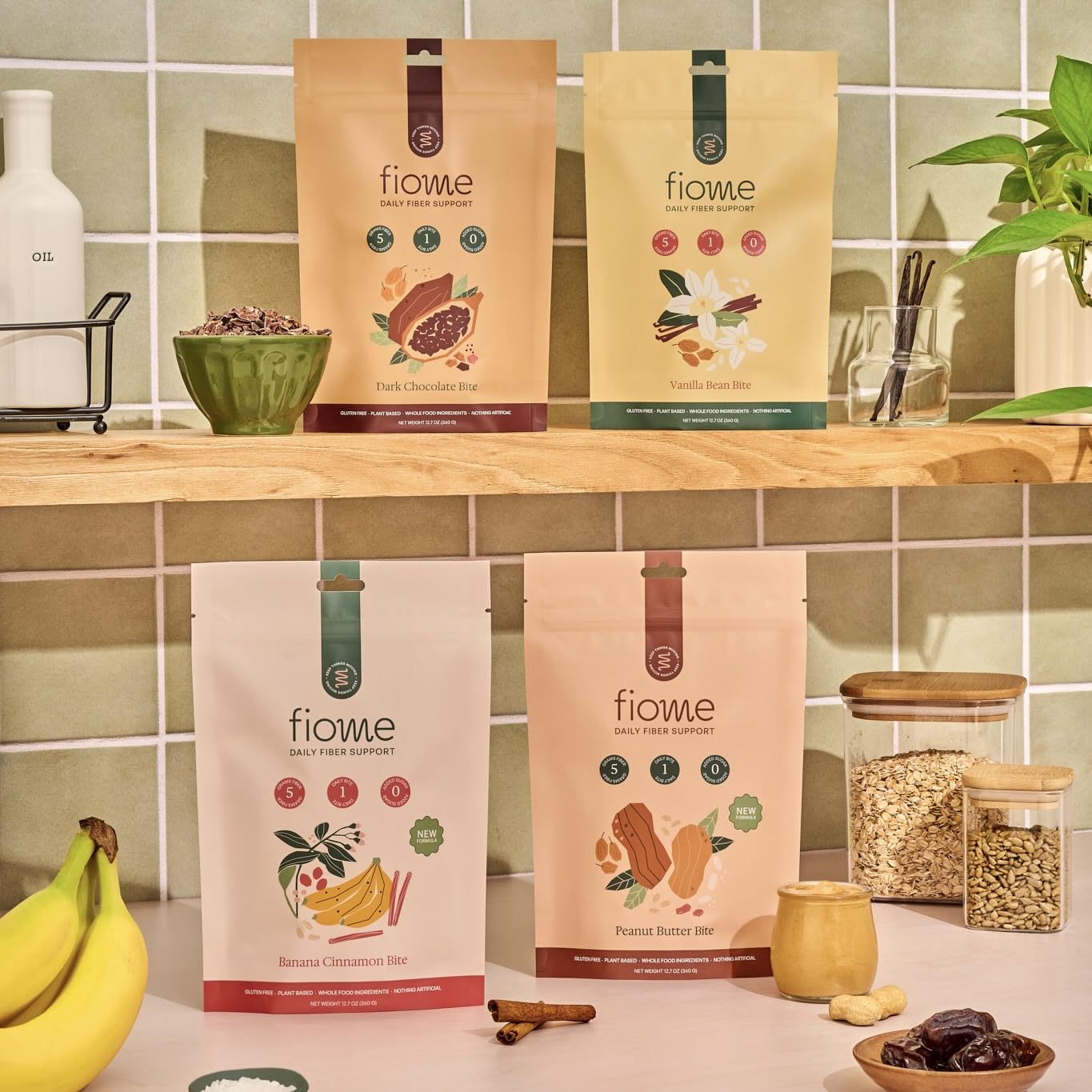 Fiome Fiber Bites natural ingredients display clean, all-natural formula.