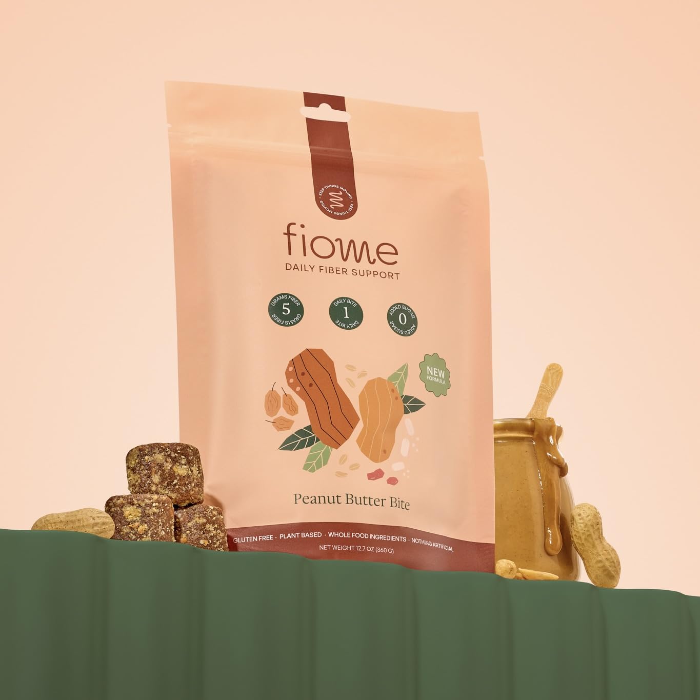 Fiome Fiber Bites on-the-go pouch demonstrates travel-friendly fiber boost.