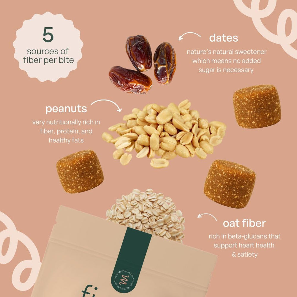 Fiome Fiber Bites snack-ready bite in hand suggests easy gut-friendly routine.