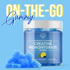 FIOR Creatine Gummy blueberry lemonade serving illustrates a tasty, portable workout option.