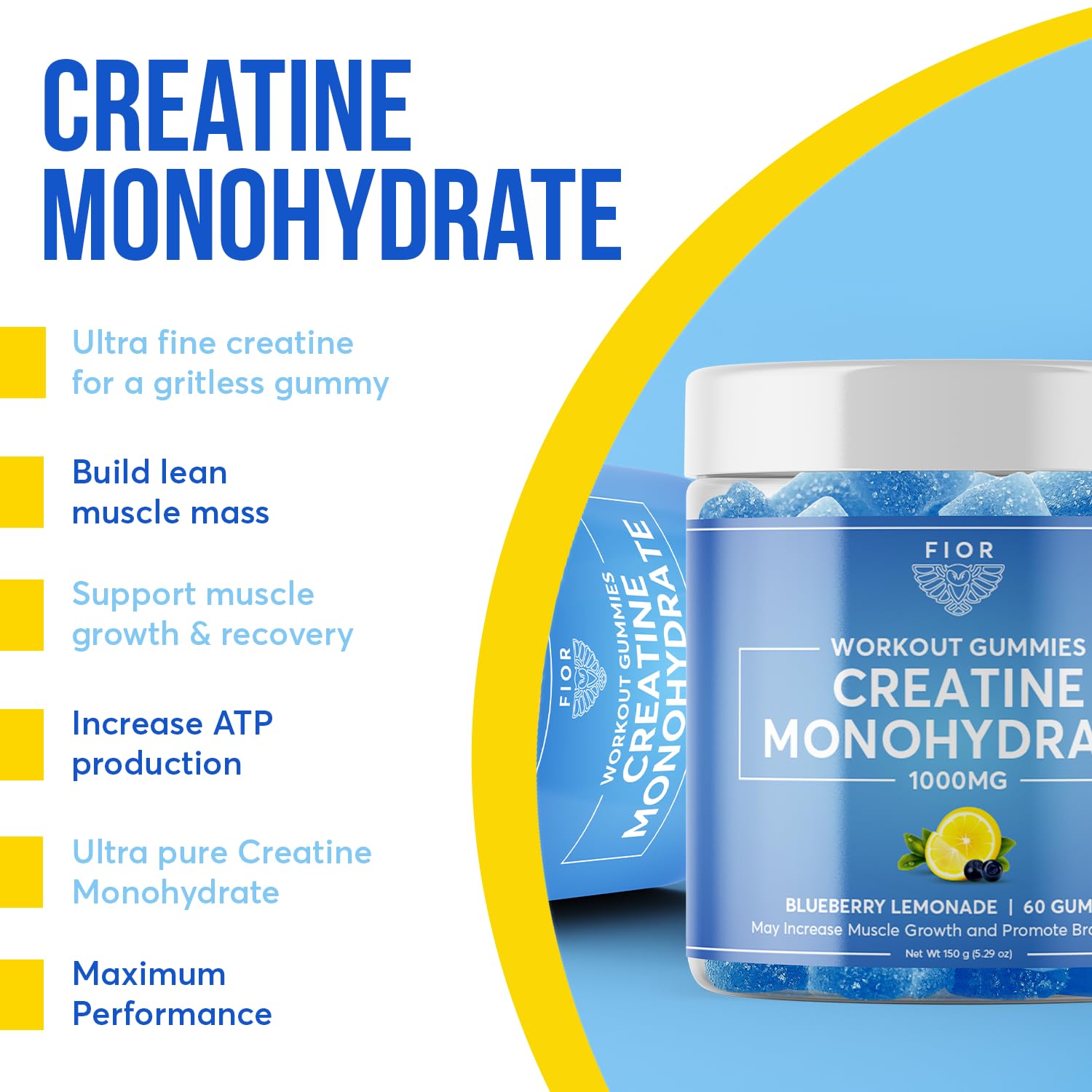 FIOR Creatine Gummy bottle closeup showcases 60-count container and value.