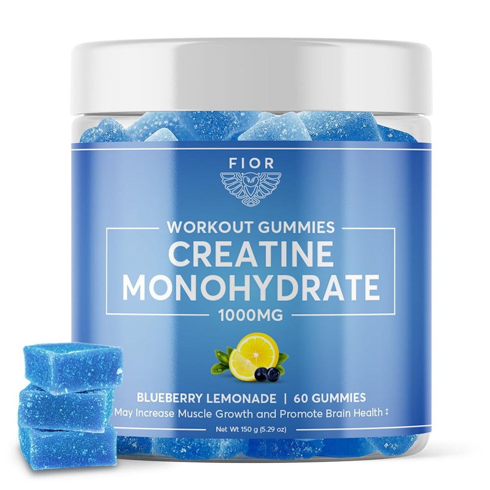 FIOR Creatine Gummy bottle label highlights branding and easy-to-use, convenient daily supplement.