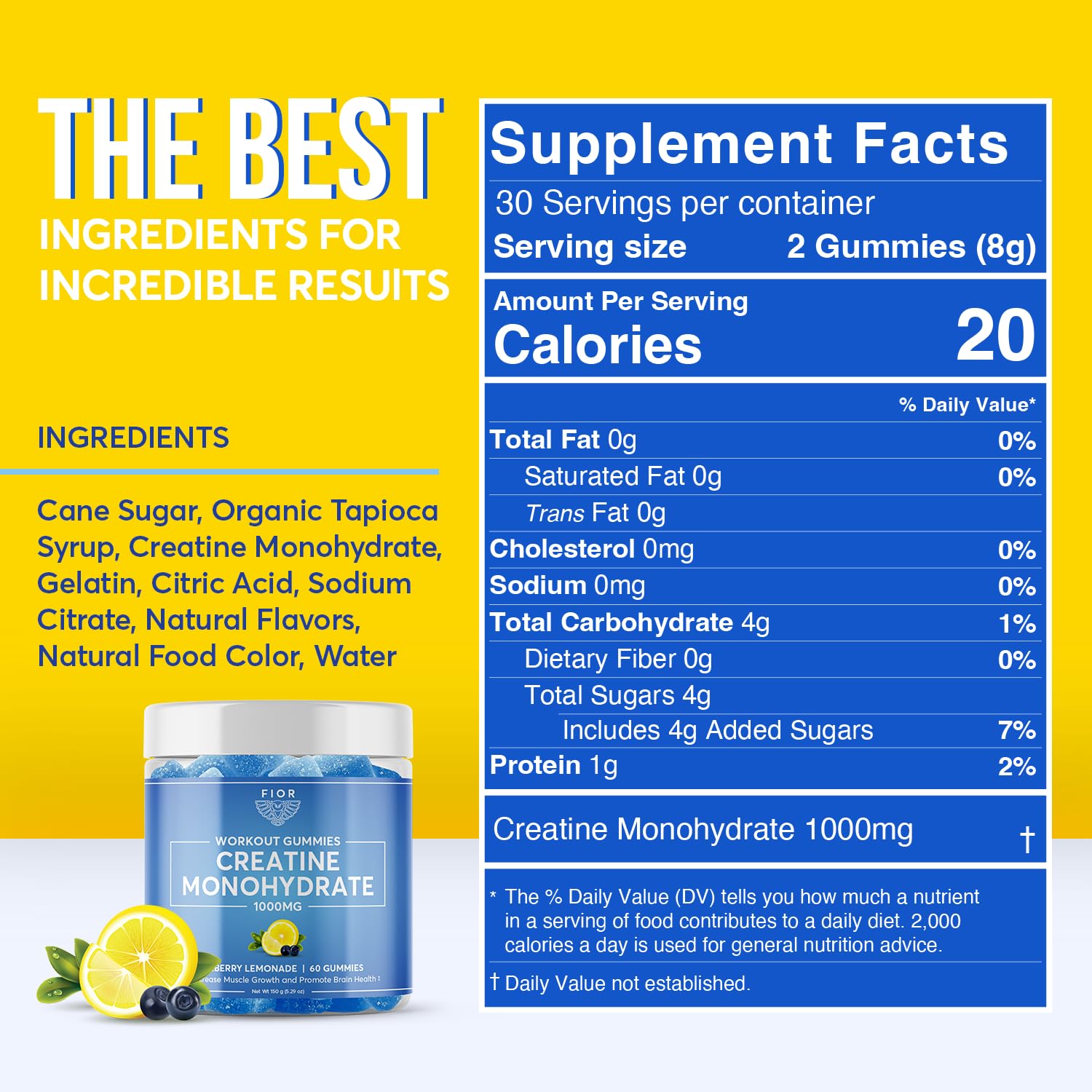 FIOR Creatine Gummy micronized creatine close-up highlights absorption-friendly formula.