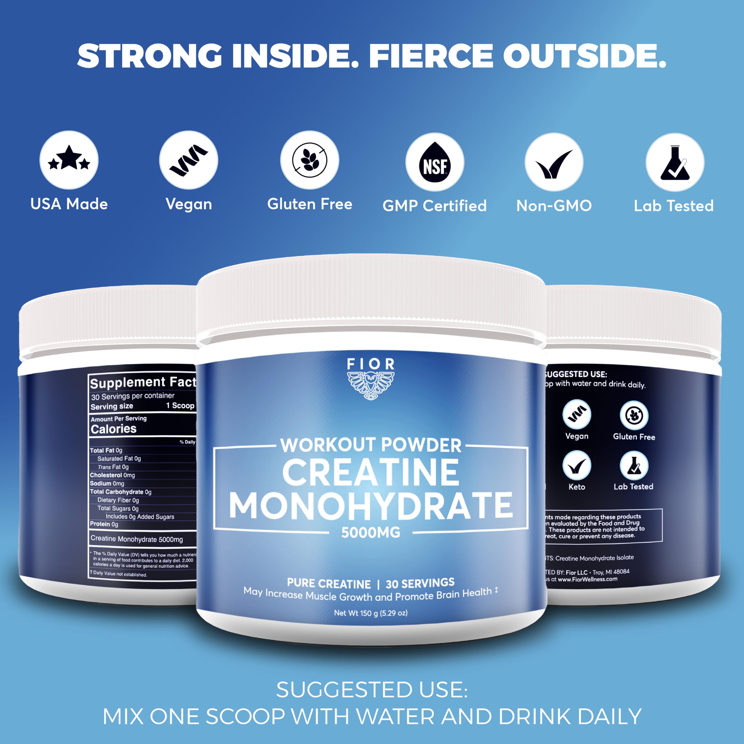 FIOR creatine being poured into a clear shaker for quick mix