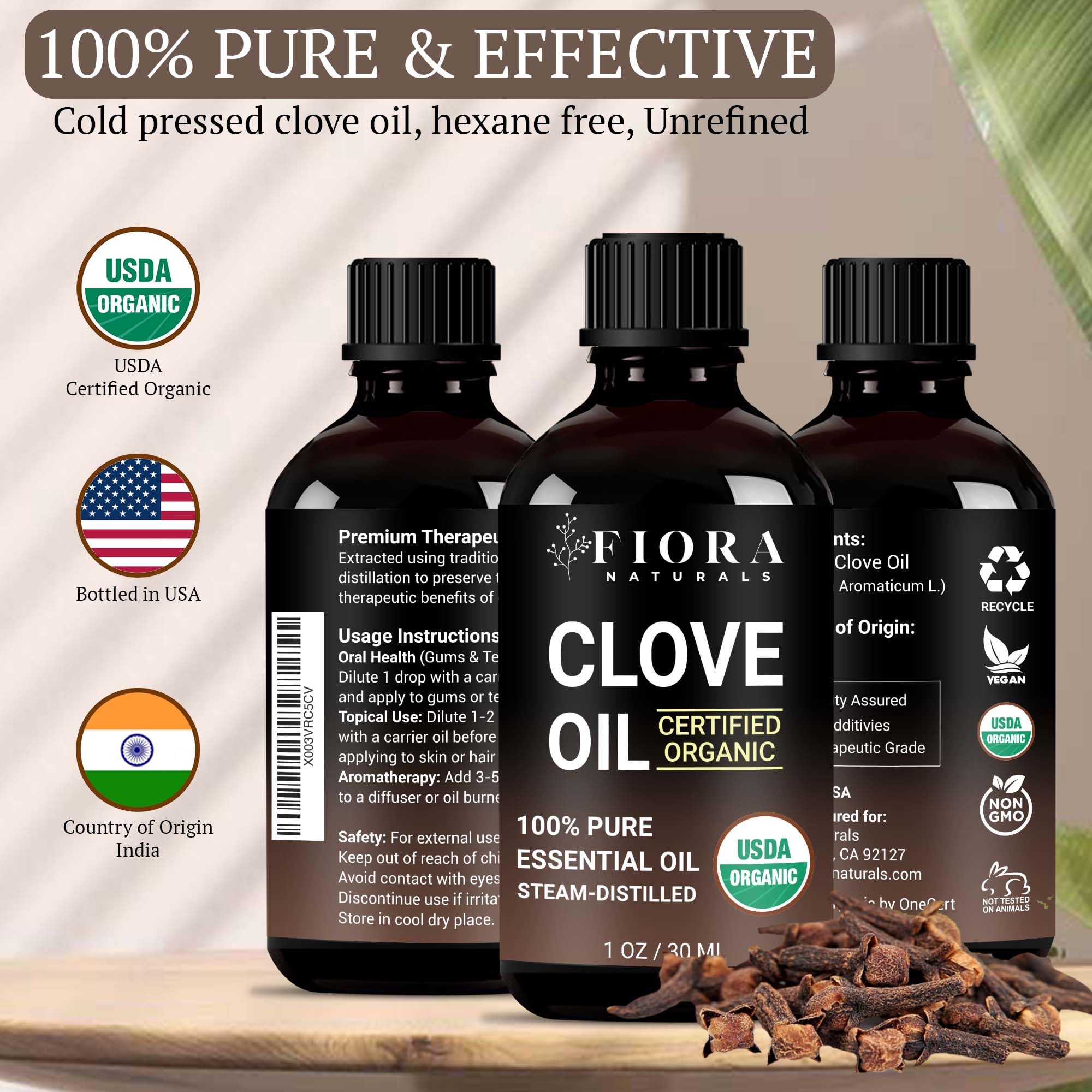 USDA-certified label on Fiora Naturals clove oil bottle