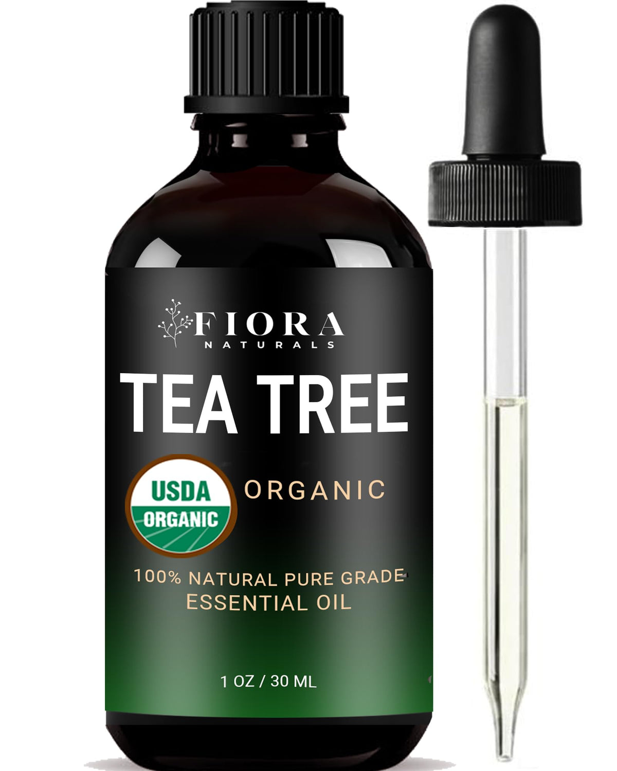 Fiora Naturals Tea Tree Oil bottle showing pure organic formula for versatile skincare