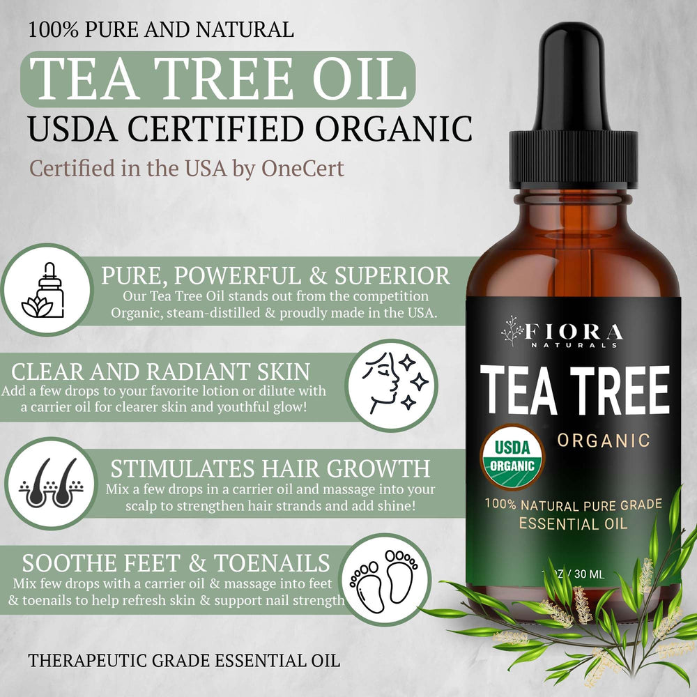 Dropper view of Fiora Naturals Tea Tree Oil for topical use