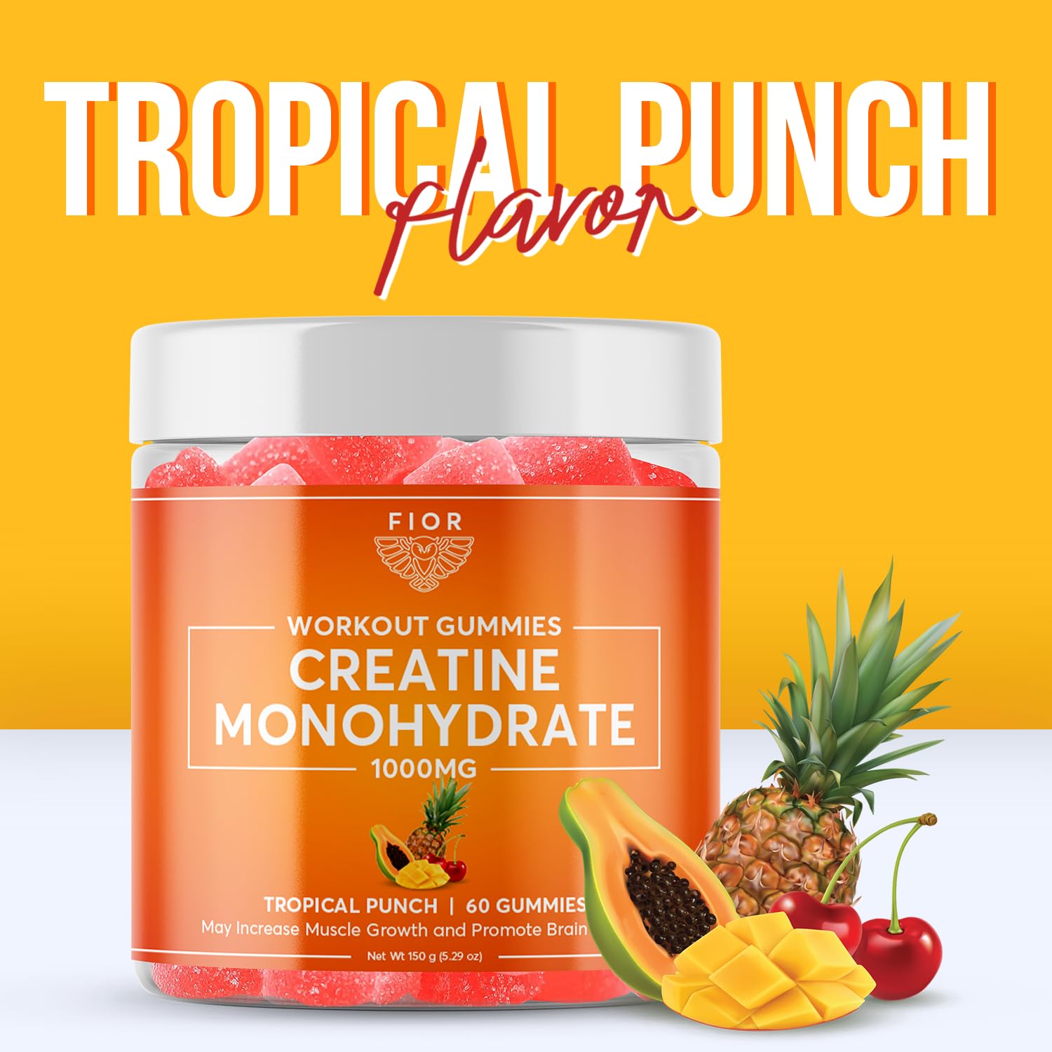 FIOR Creatine Gummy Tropical Punch chewy texture close-up for post-workout recovery.