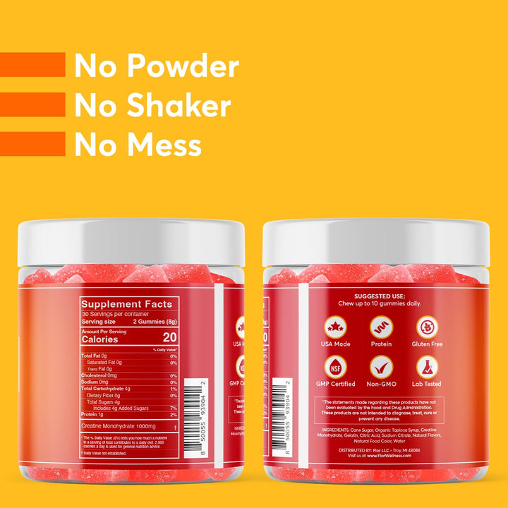 FIOR Creatine Gummy Tropical Punch label close-up showing micronized creatine monohydrate.