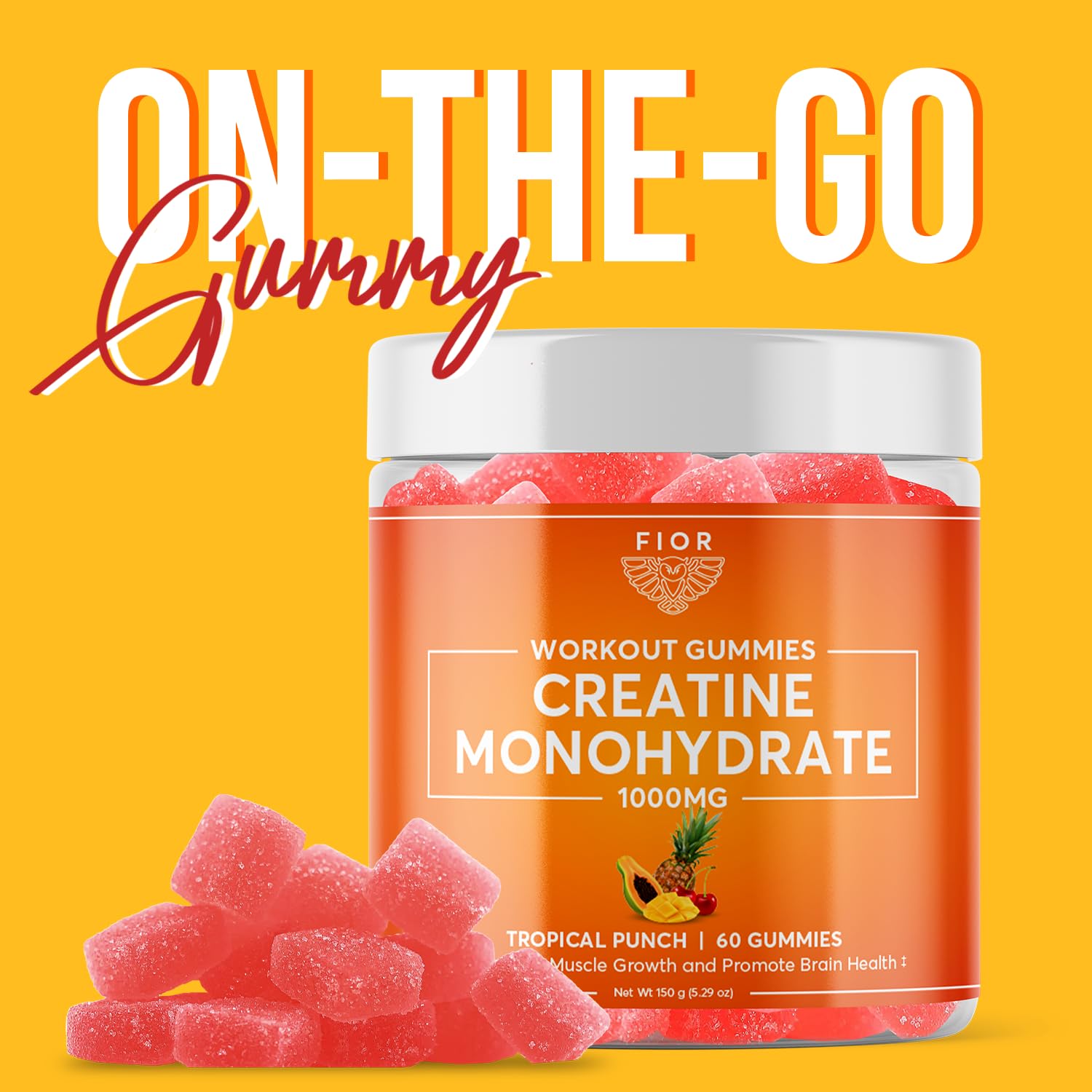 FIOR Creatine Gummy Tropical Punch serving from bottle for easy dosing.