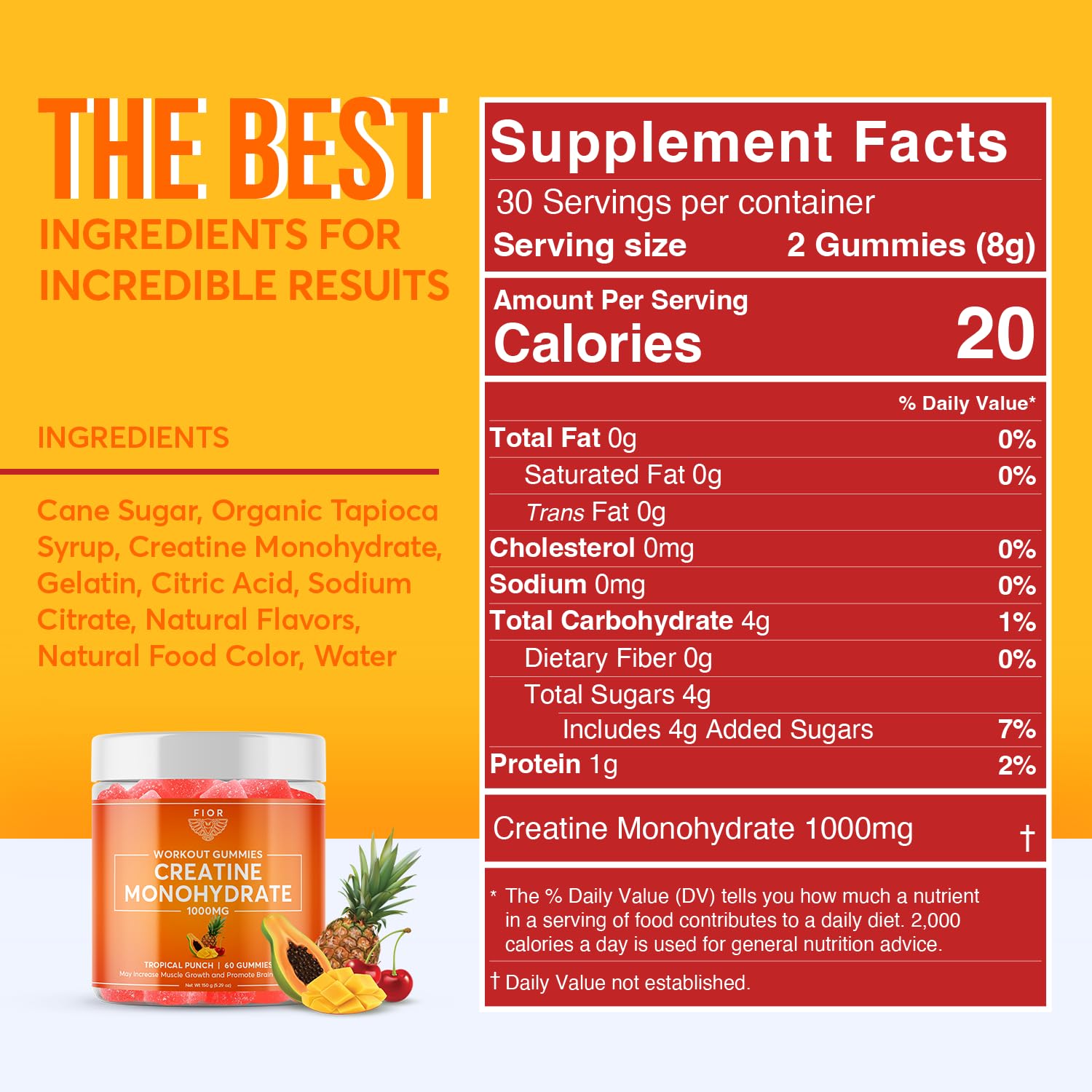 FIOR Creatine Gummy Tropical Punch travel-friendly bottle for workouts on the go.
