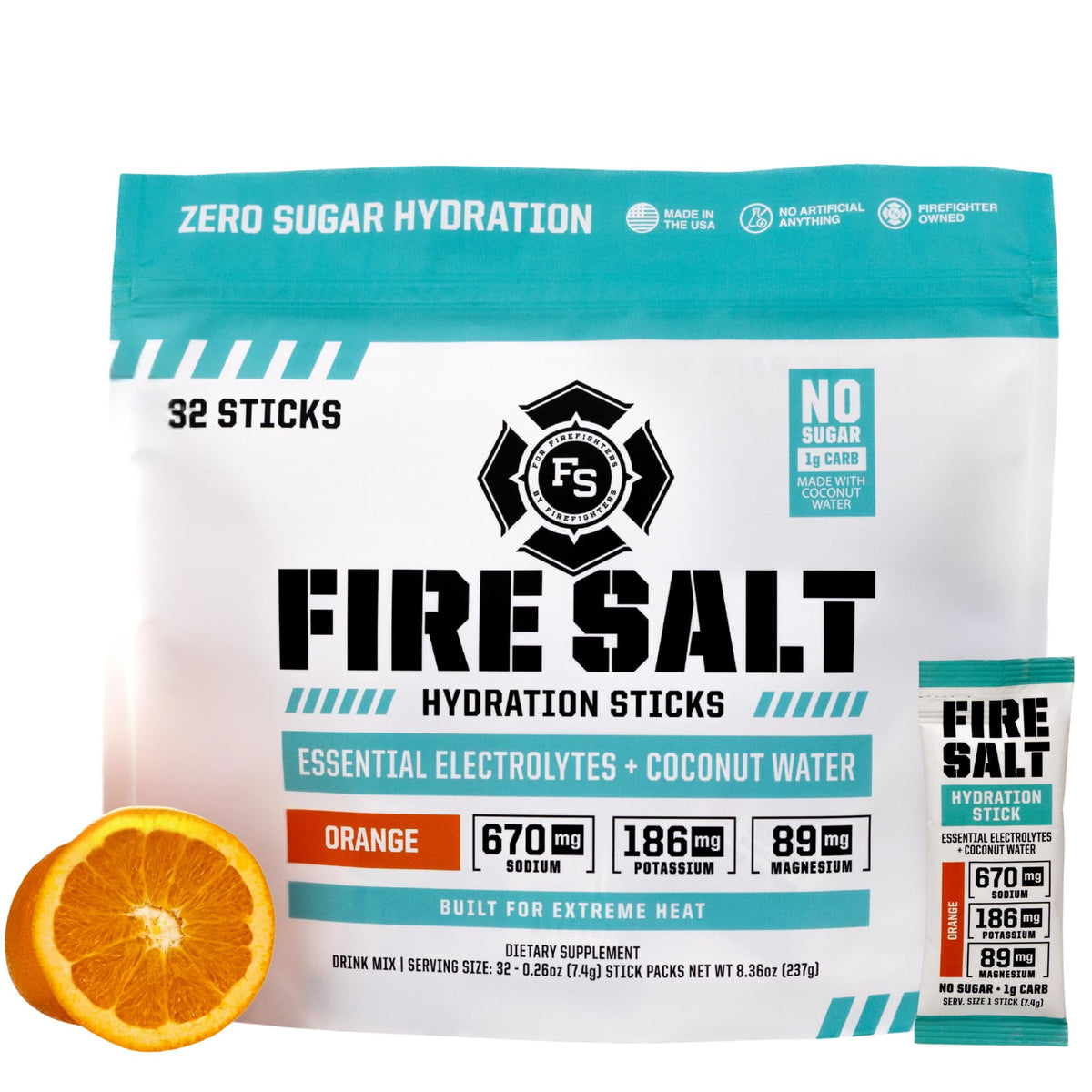 Fire Science Fire Salt hydration stick orange pack for on-the-go electrolyte hydration.