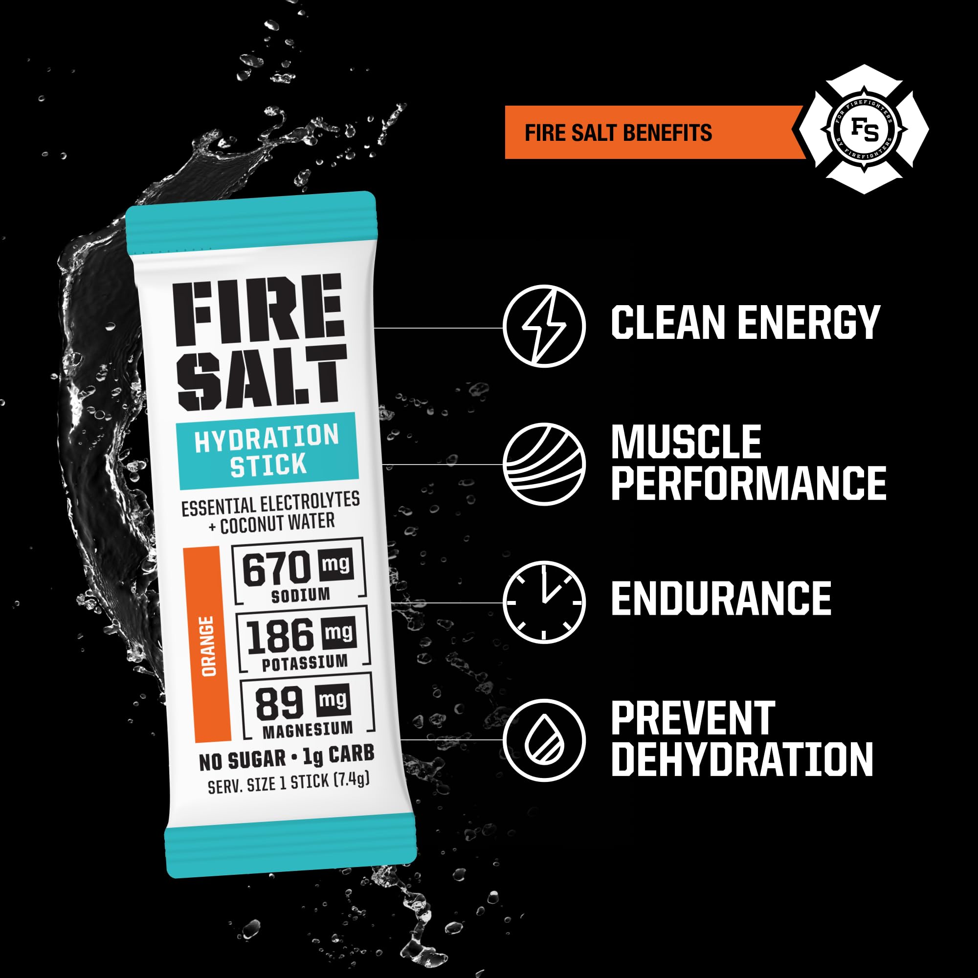 Fire Science Orange flavor hydration stick close-up highlighting convenient single serve packs.