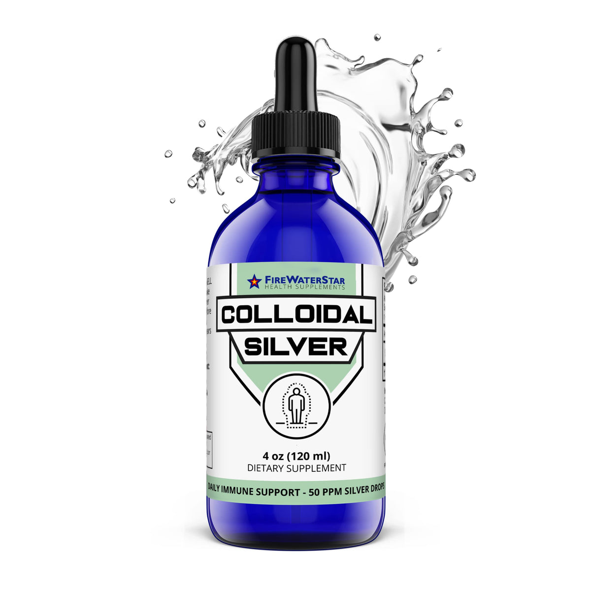 Firewaterstar colloidal silver bottle with dropper for precise daily dosing.