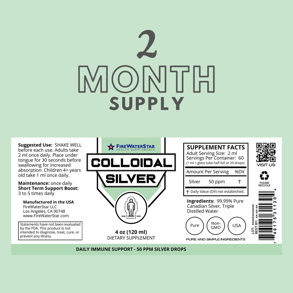 Firewaterstar colloidal silver front view in a clear glass bottle.