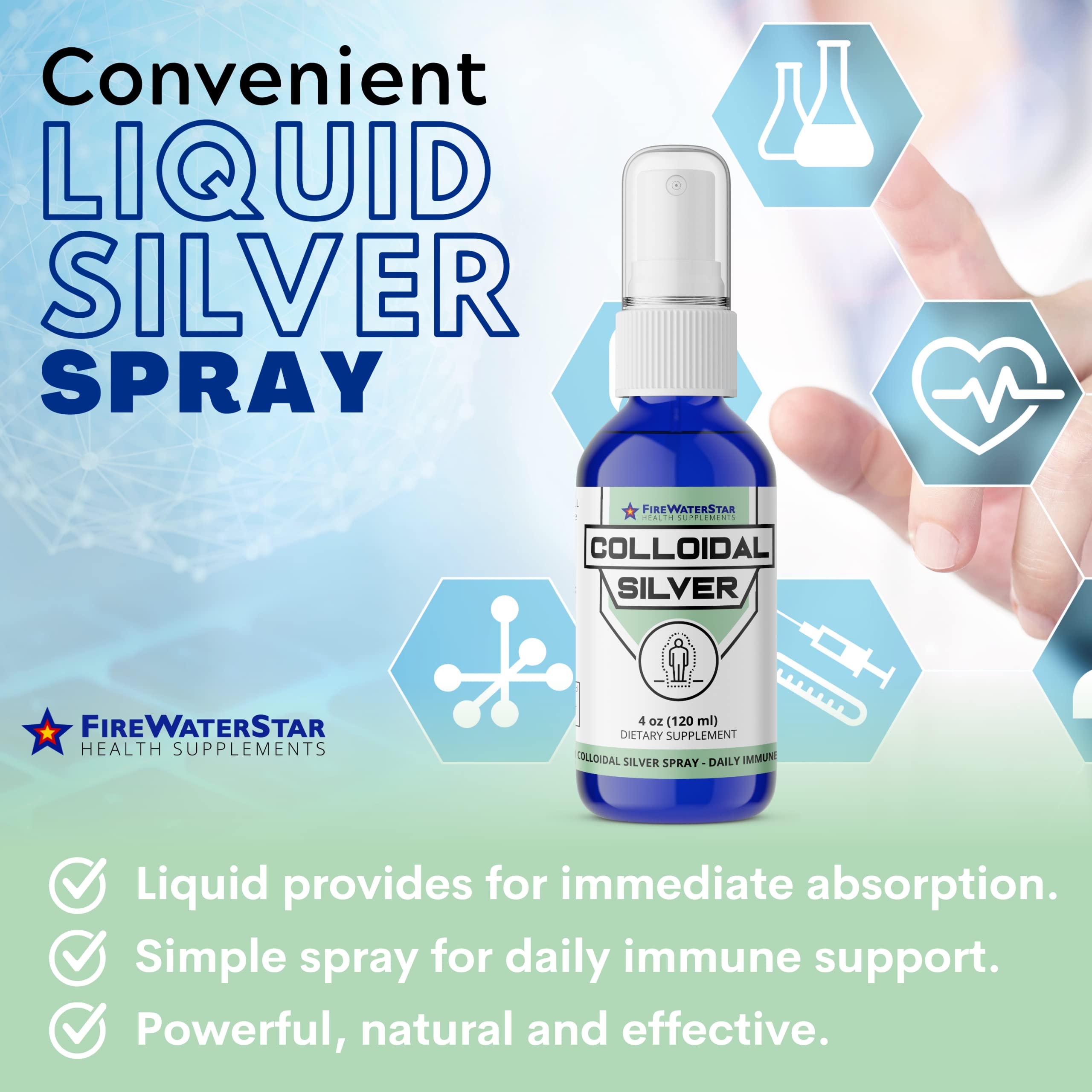 FIREWATERSTAR Colloidal Silver Spray label shows US-made premium silver.
