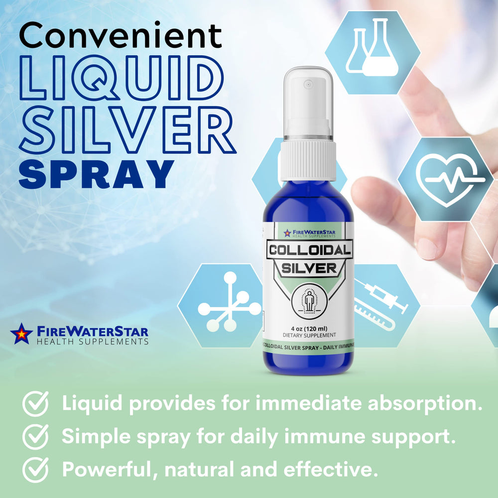 FIREWATERSTAR Colloidal Silver Spray label shows US-made premium silver.