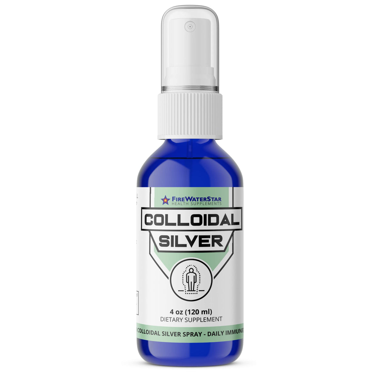 FIREWATERSTAR Colloidal Silver Spray bottle on a clean surface, convenient daily dosing.