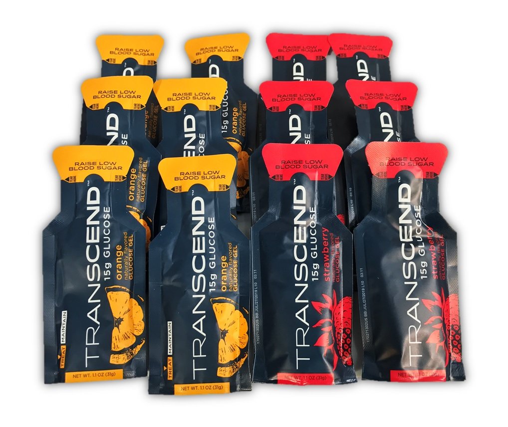 First Aid Global Transcend glucose gel orange-strawberry packaging for on-the-go energy.