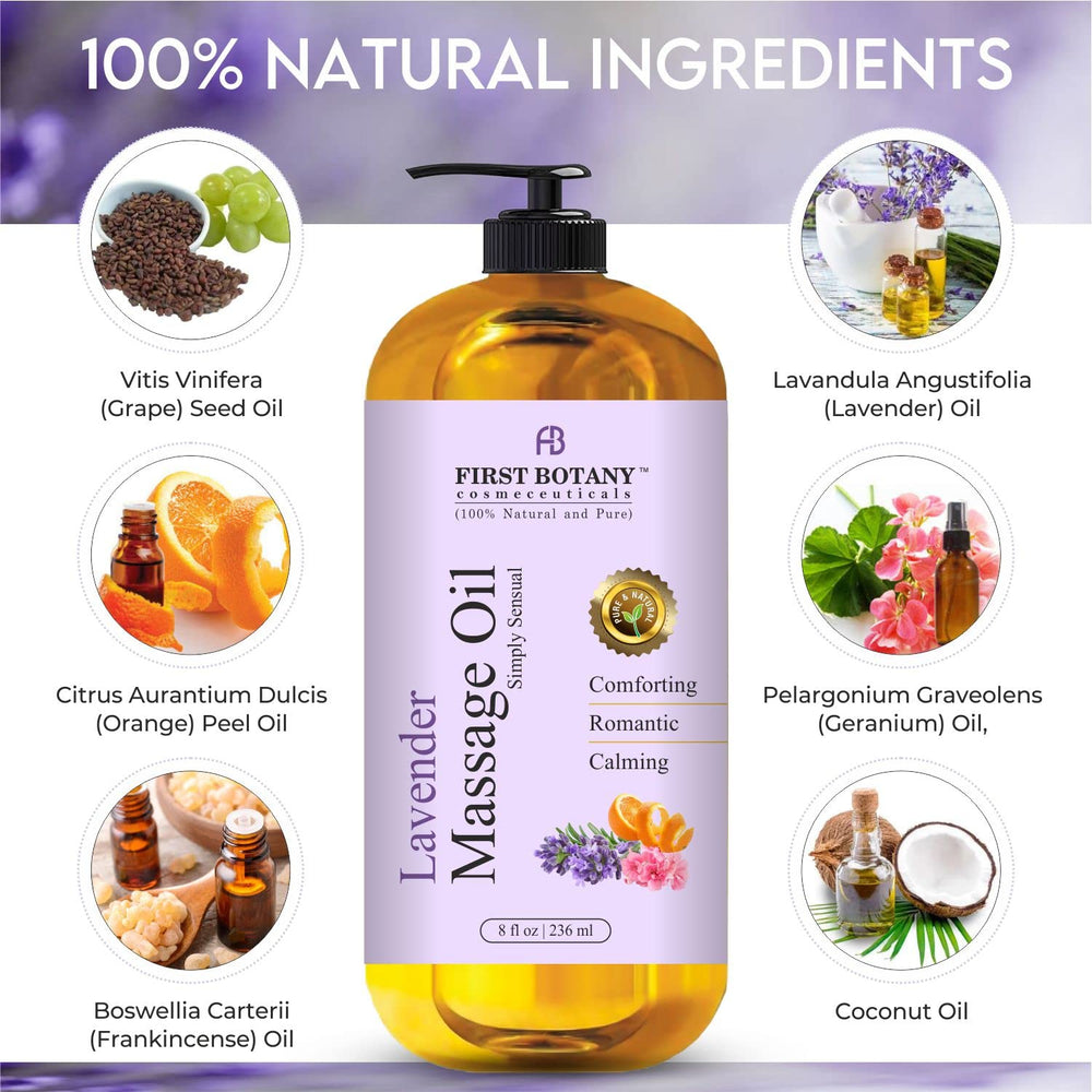 First Botany Lavender Massage Oil for couples enables sensual stress-relieving sessions at home.