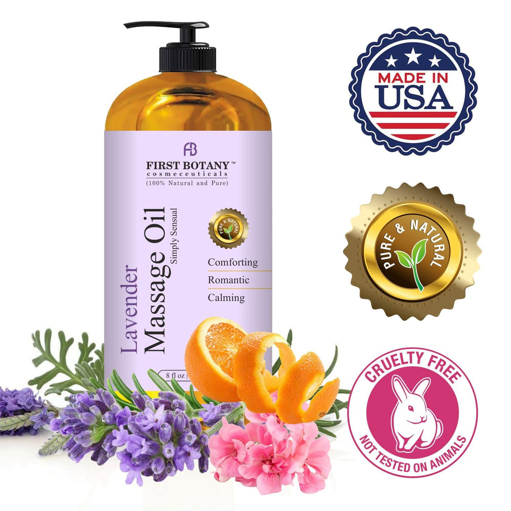 First Botany Lavender Massage Oil ingredients list illustrates natural blend for skin nourishment.