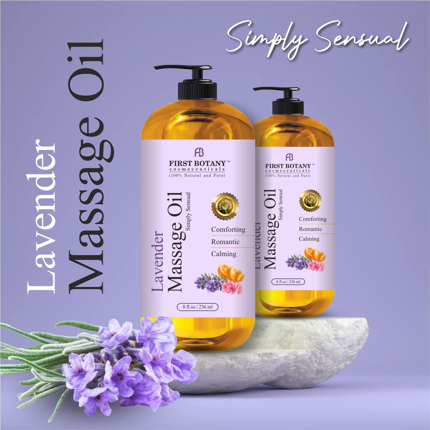 First Botany Lavender Massage Oil lavender bloom nearby suggests soothing aromatherapy and calm mood.