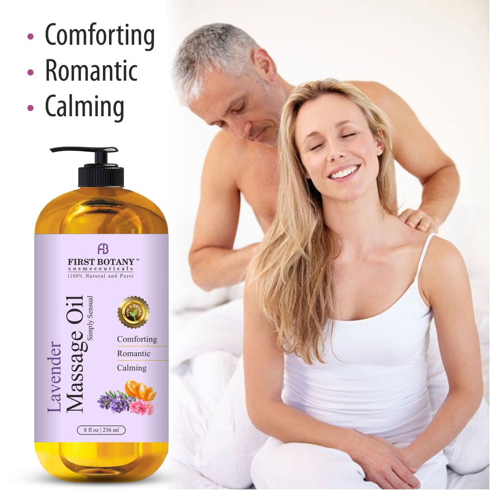 First Botany Lavender Massage Oil pour demonstrates easy application for quick soothing full-body massage.