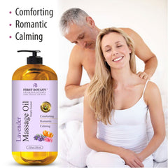 First Botany Lavender Massage Oil pour demonstrates easy application for quick soothing full-body massage.