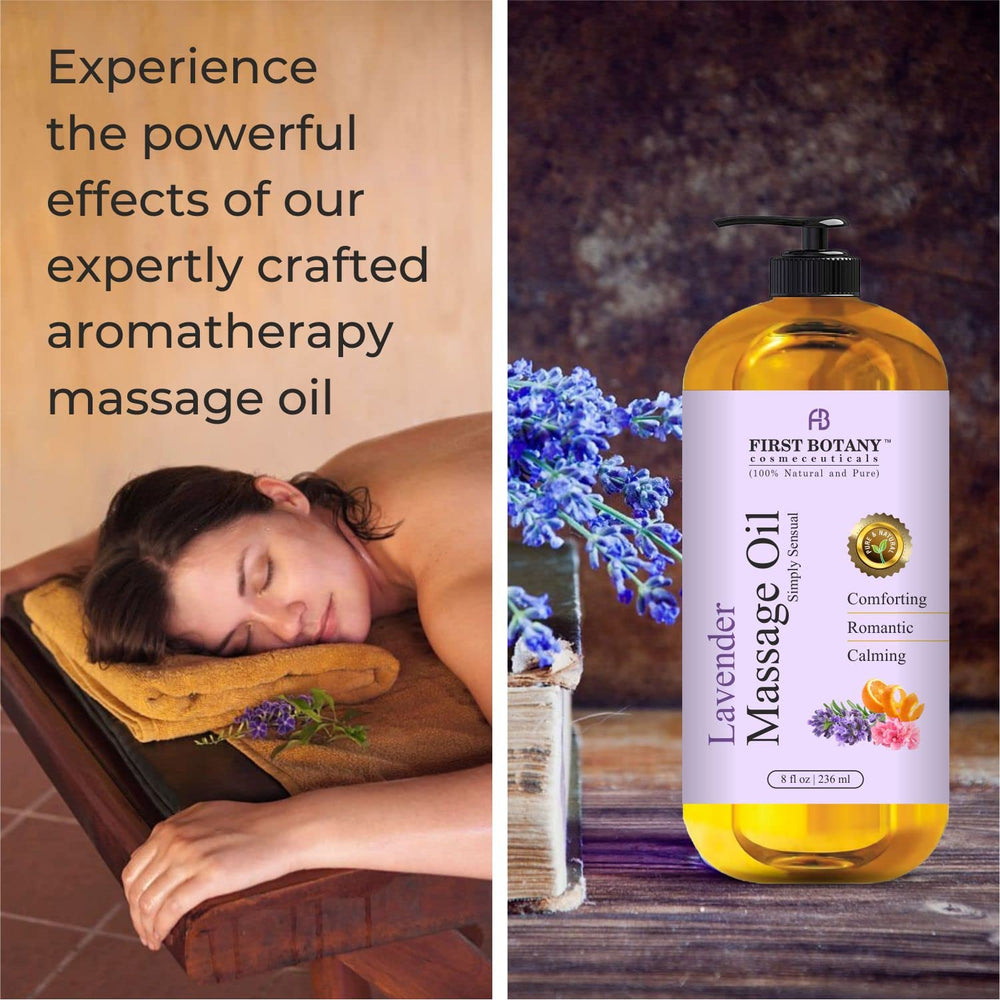 First Botany Lavender Massage Oil spa setup highlights a luxurious at-home relaxation ritual.