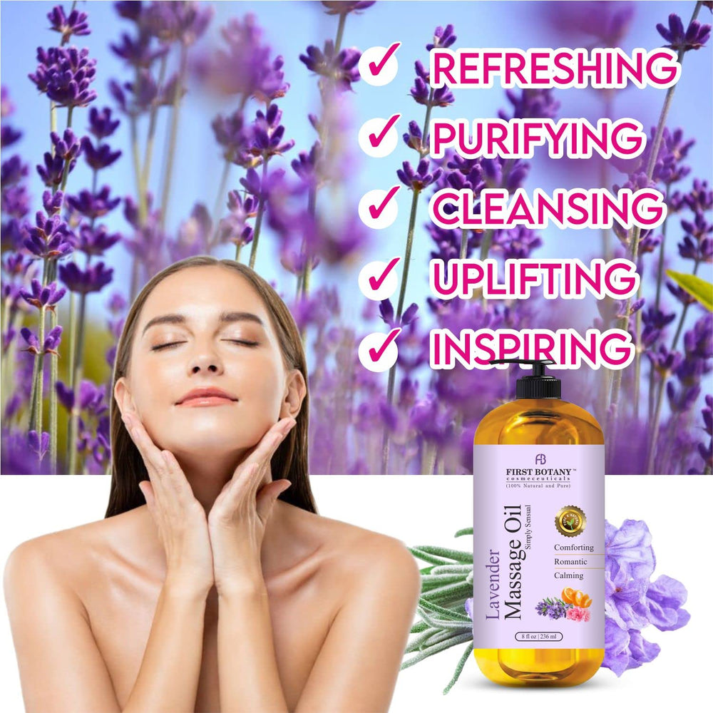 First Botany Lavender Massage Oil texture close-up shows silky fast-absorbing skin nourishment.