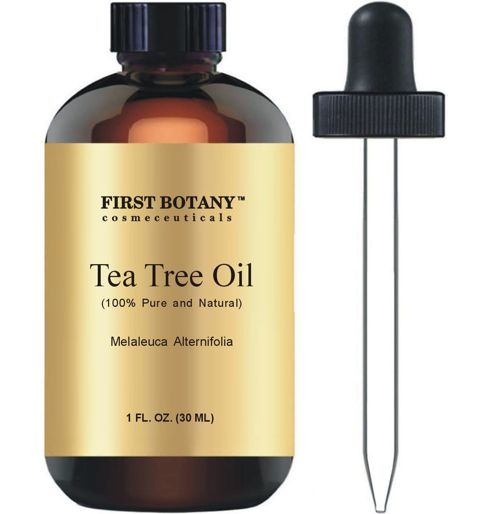 First Botany tea tree oil amber bottle for soothing skin care routine.