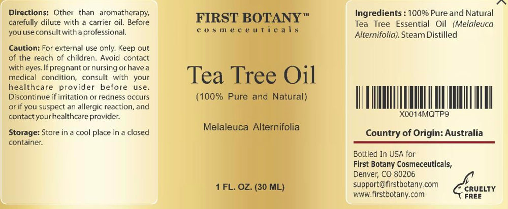 First Botany steam-distilled Australian tea tree oil label and branding.