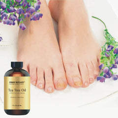 First Botany gold-series tea tree oil close-up highlighting premium quality.
