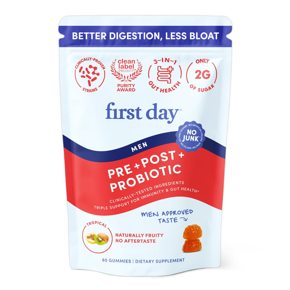FIRST DAY 3-in-1 probiotics for men bottle pouring supports balanced digestion and energy.