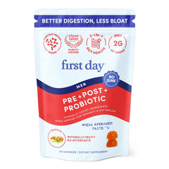 FIRST DAY 3-in-1 probiotics for men bottle pouring supports balanced digestion and energy.