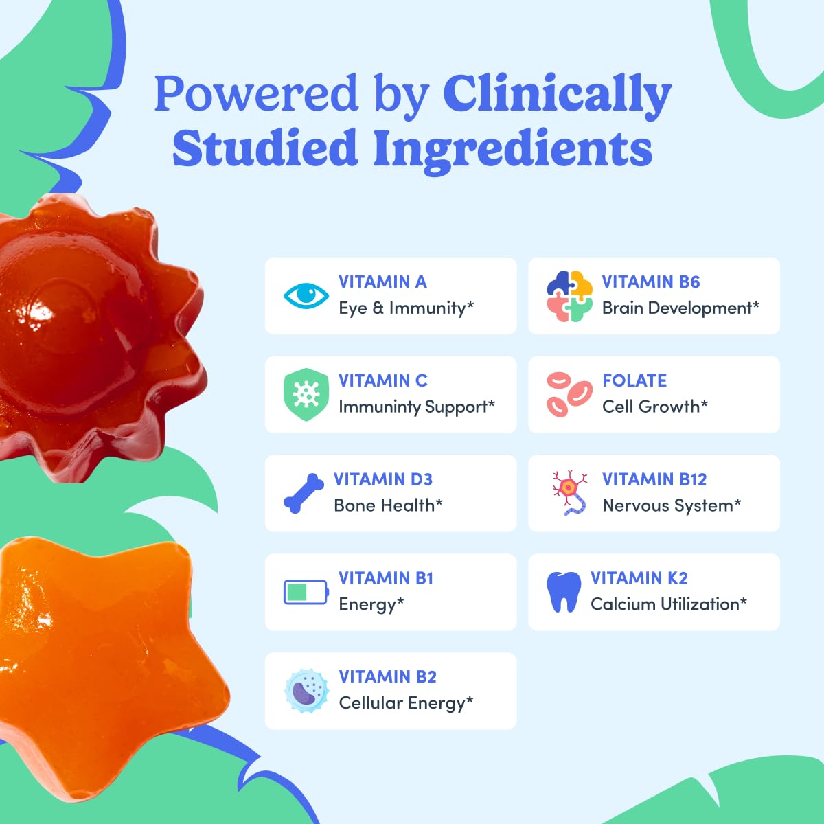 First Day nine vitamins graphic highlights essential nutrients.