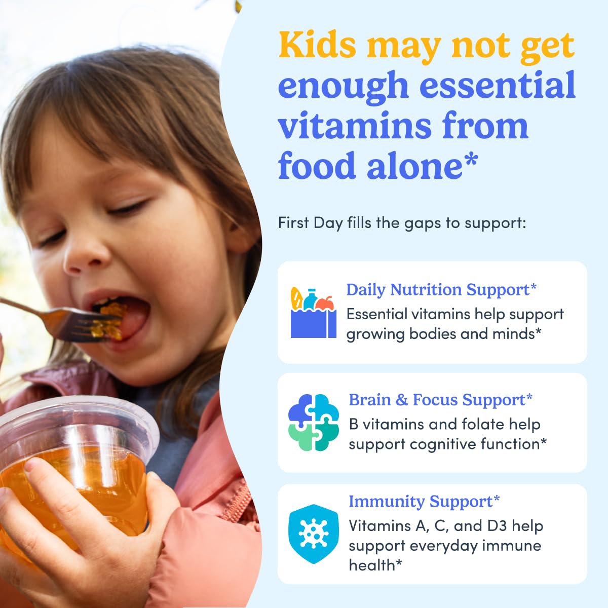 First Day Kids orange gummy bottle supports growth and energy.