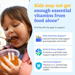 First Day Kids orange gummy bottle supports growth and energy.