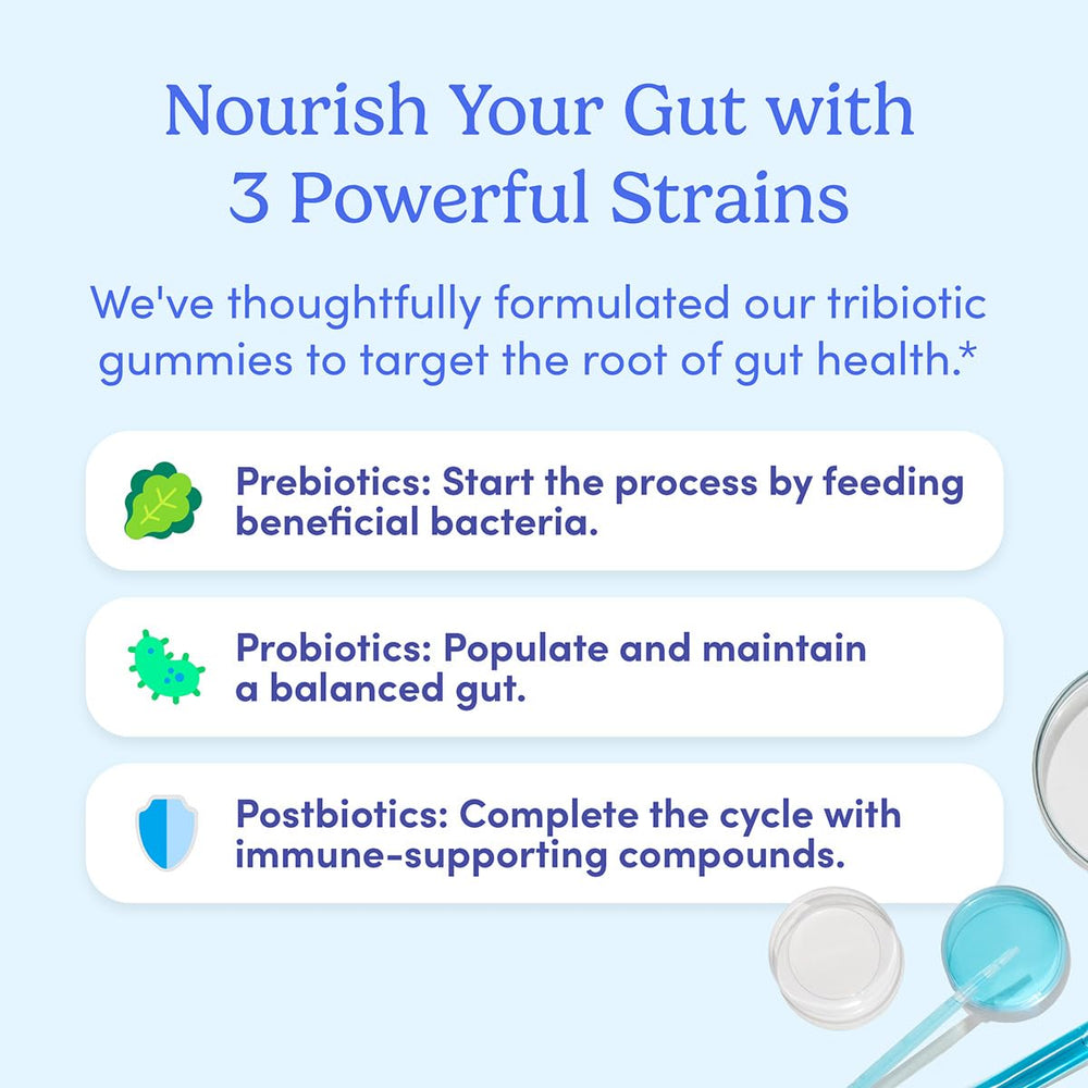 FIRST DAY prebiotic LIVaux science bottle label supports gut microbiome balance.
