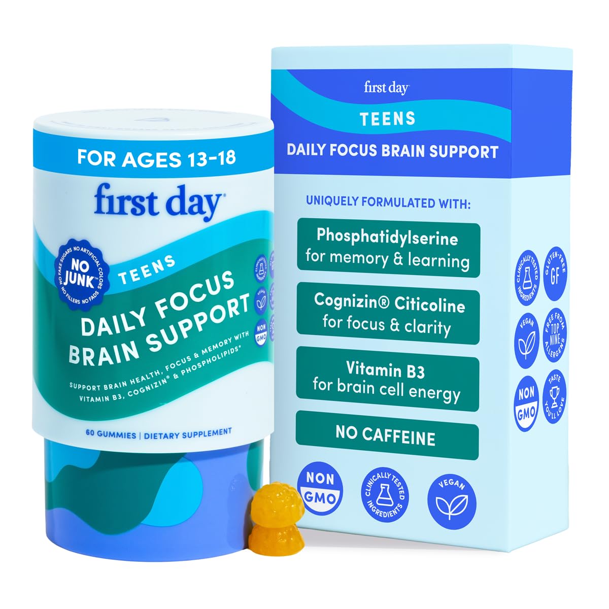 First Day Teen Brain Focus Gummies bottle ready for study sessions