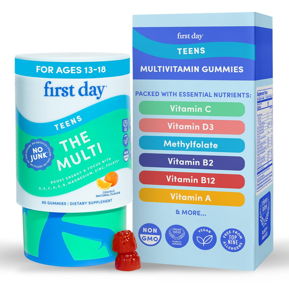 First Day Teen Vitamins bottle with gummies supports daily energy for teens.