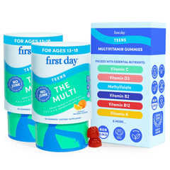 FIRST DAY Teen Vitamins gummies on a bright table support easy daily nutrition.