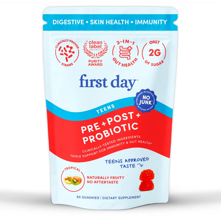 FIRST DAY Teens’ Gut Sustainer gummies bottle supports teen digestion