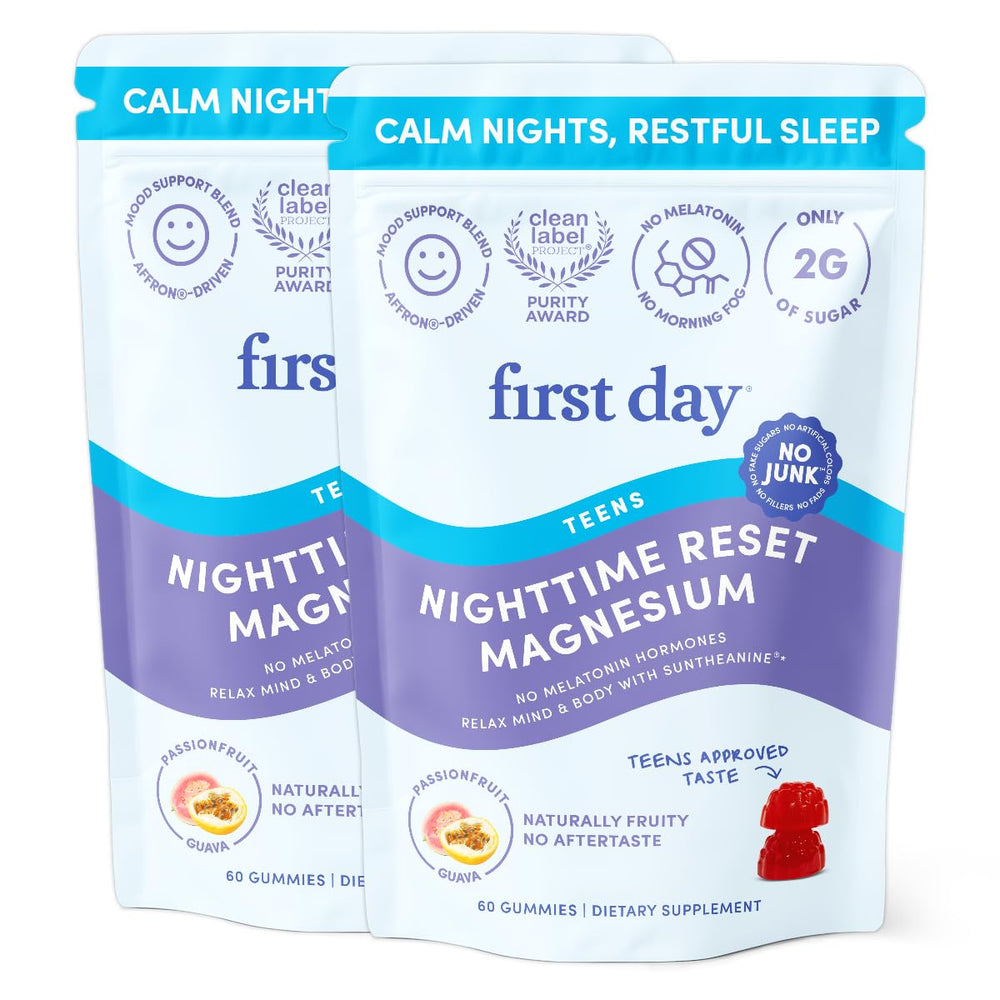 First Day Teens’ Nighttime Reset bottle on a nightstand promoting peaceful sleep