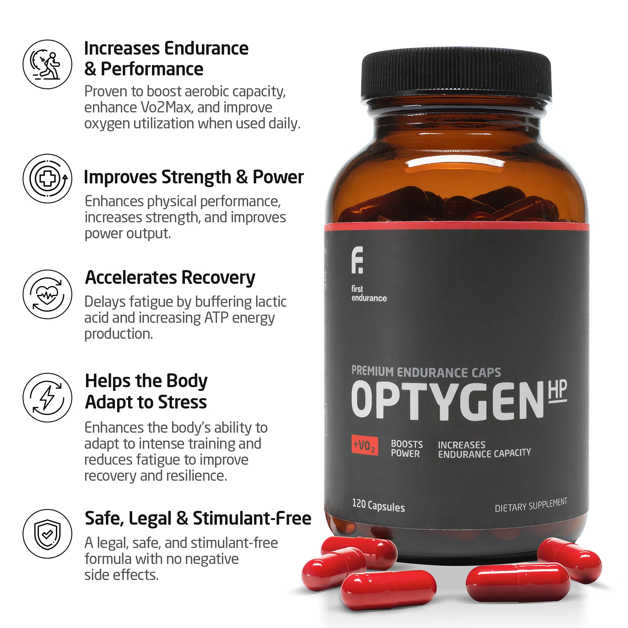 FIRST ENDURANCE OptygenHP bottle side view showing compact capsule formula and stamina support.