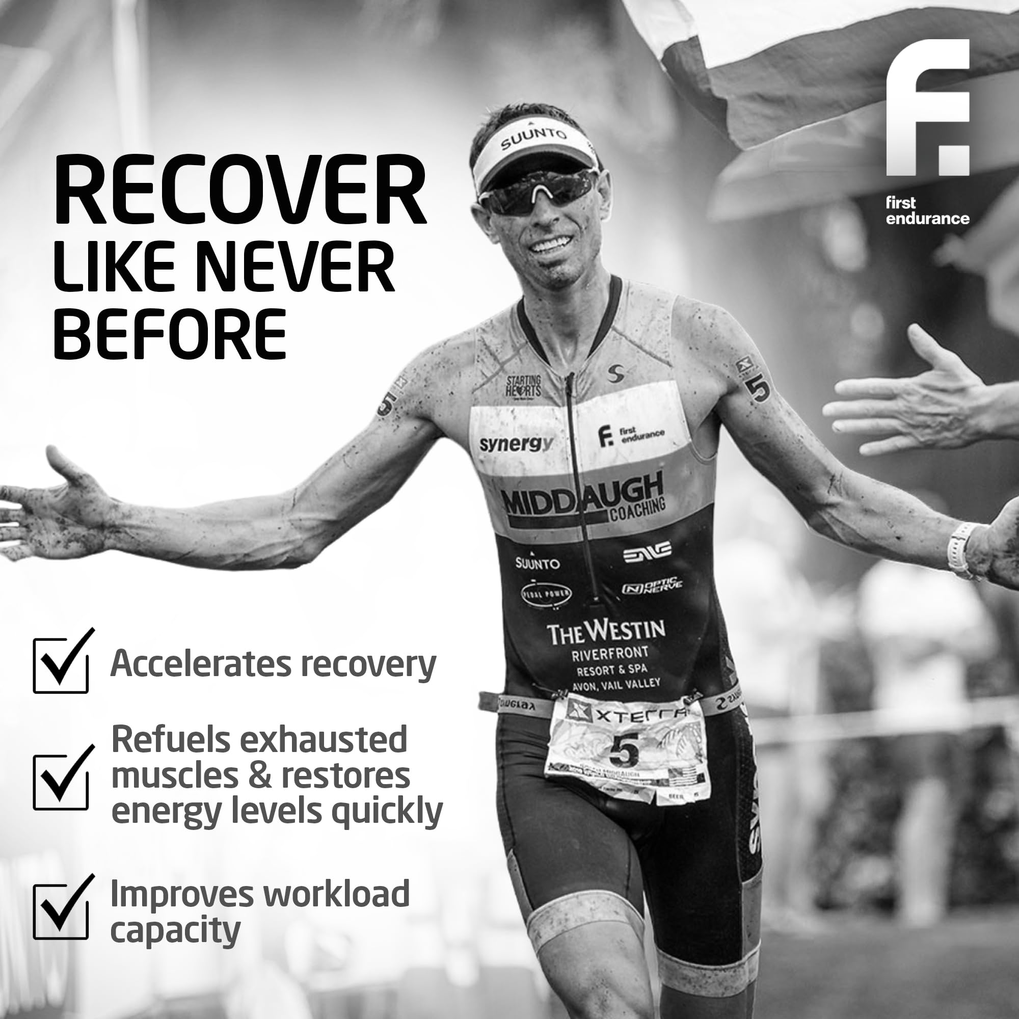 FIRST ENDURANCE Ultragen vanilla bottle with label highlighting recovery nutrients