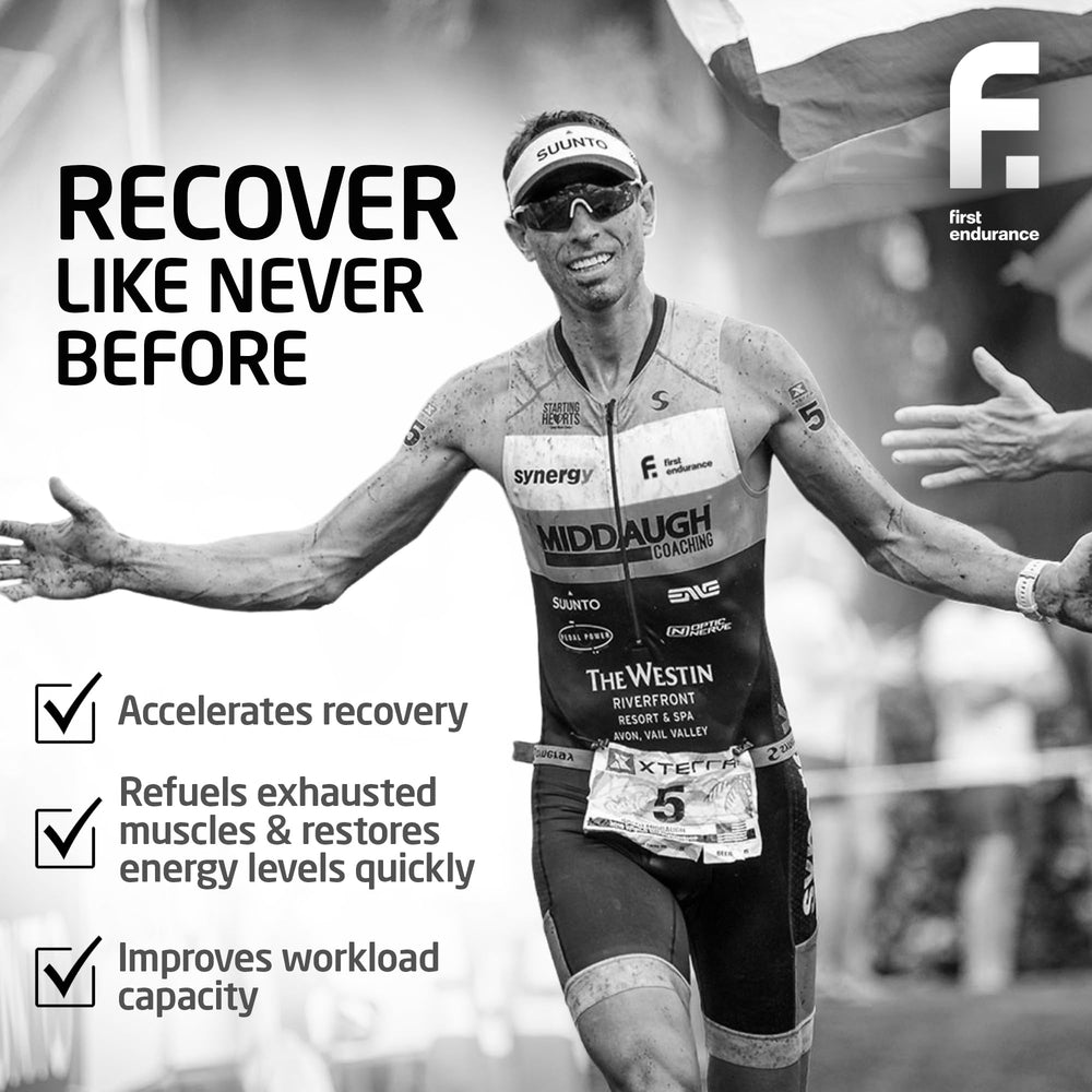 FIRST ENDURANCE Ultragen vanilla bottle with label highlighting recovery nutrients